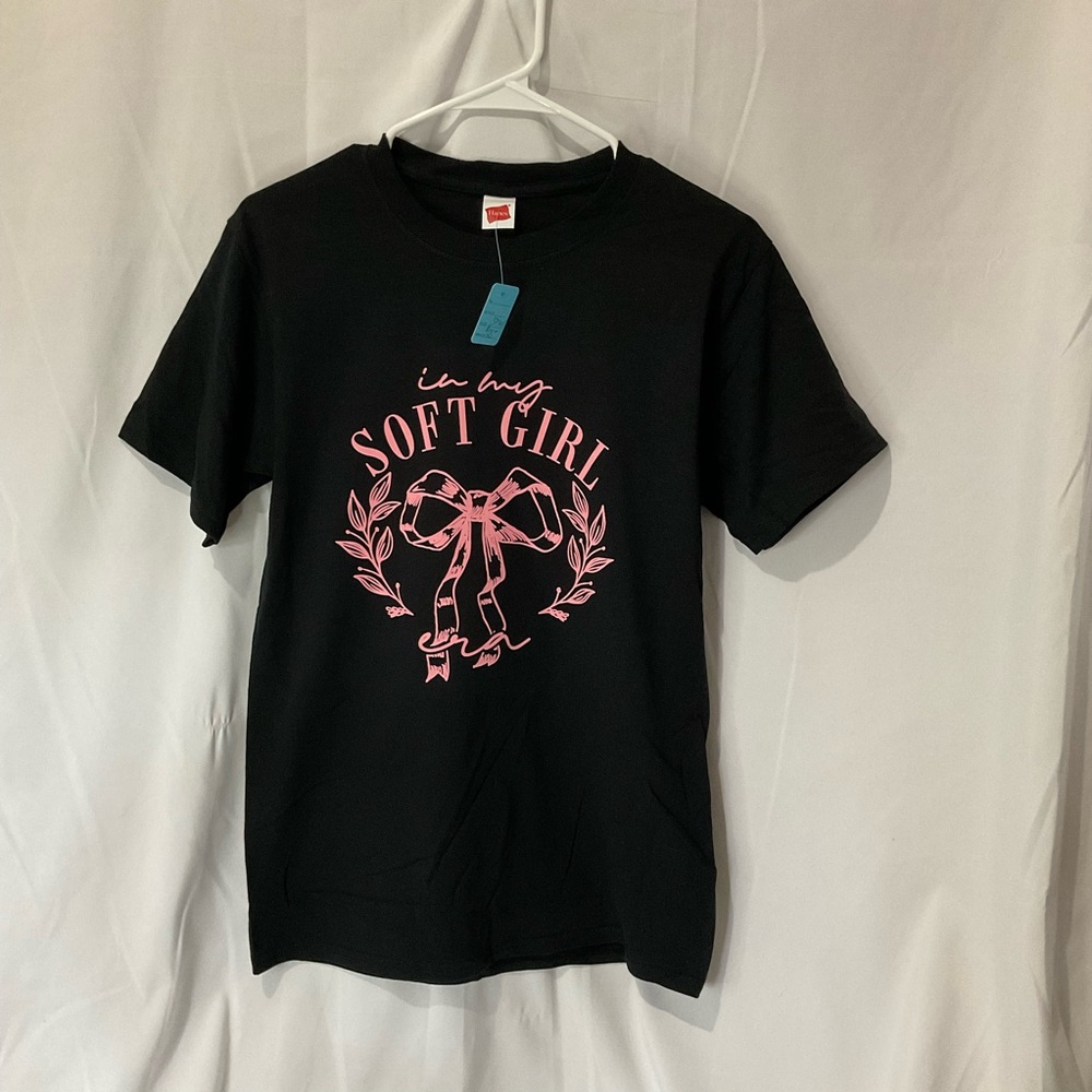 In My Soft Girl Era, Black Womens T-Shirt Pink Writing Size Small